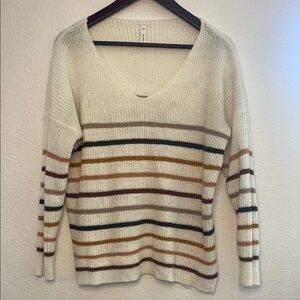 Wishlist Cream and Brown V-Neck Sweater